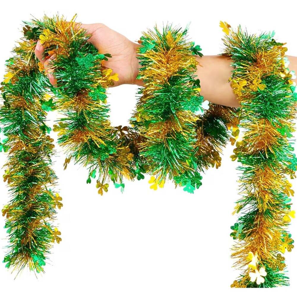 FOIMAS 33 Feet St. Patrick's Day Shamrock Tinsel Garland Green and Gold